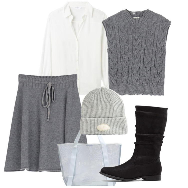 Outfit donna - Grey day. Stile Bon Ton per Tutti i giorni. Abbinamento con stivali, berretti, shopping bag, camicie, minigonne, gilet.