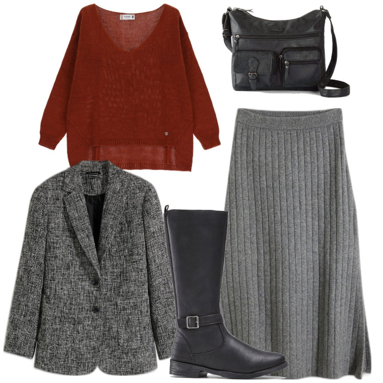 Outfit donna - Sale e peperoncino. Stile Bon Ton per Tutti i giorni. Abbinamento con stivali, borse a tracolla, gonne, blazer, maglieria.