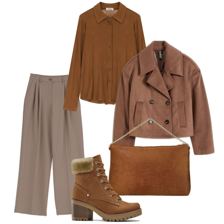 Outfit donna - Al caldo. Stile Bon Ton per Tutti i giorni. Abbinamento con stivaletti, caban, camicie, pochette, pantaloni.