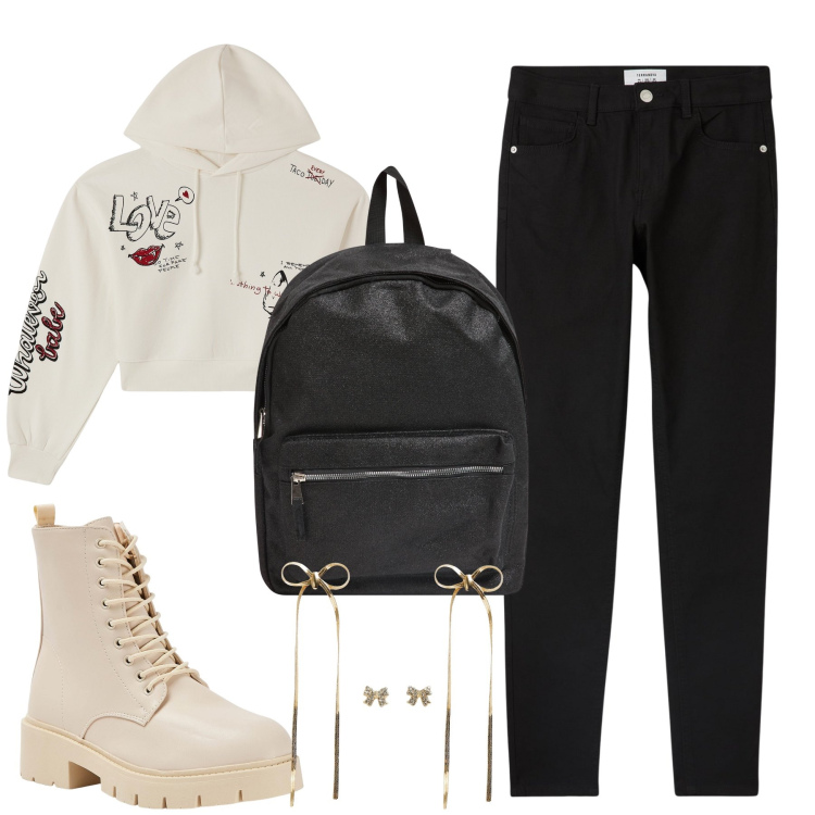 Outfit donna - Total look #2047958. Stile Urban per Tutti i giorni. Abbinamento con zaini, anfibi, pantaloni skinny, felpe con cappuccio, orecchini.