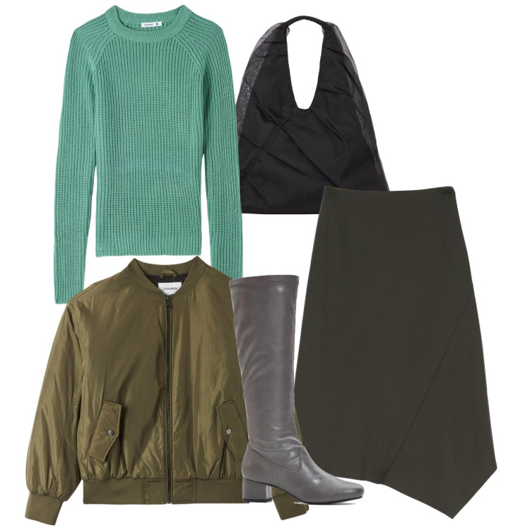 Outfit donna - Asimmetria. Stile Bon Ton per Tutti i giorni. Abbinamento con stivali, maglieria, bomber, gonne, shopping bag.