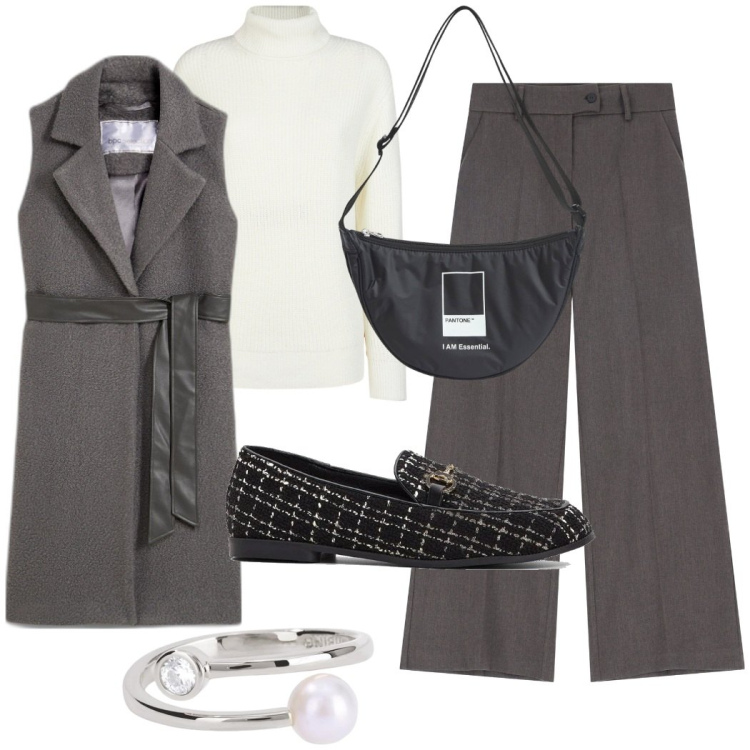 Outfit donna - Elegante in ufficio. Stile Bon Ton per Ufficio. Abbinamento con gilet, mocassini, marsupi, anelli, pantaloni a palazzo, maglieria.
