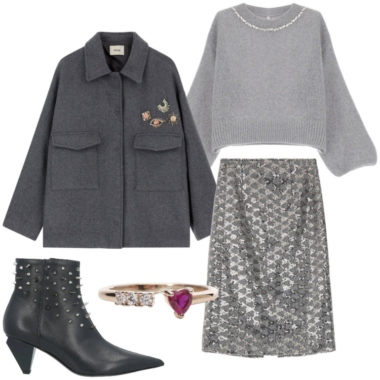 Outfit donna - La gonna scintillante. Stile Urban per Serata fuori. Abbinamento con stivaletti, anelli, maglieria, gonne, cappotti.
