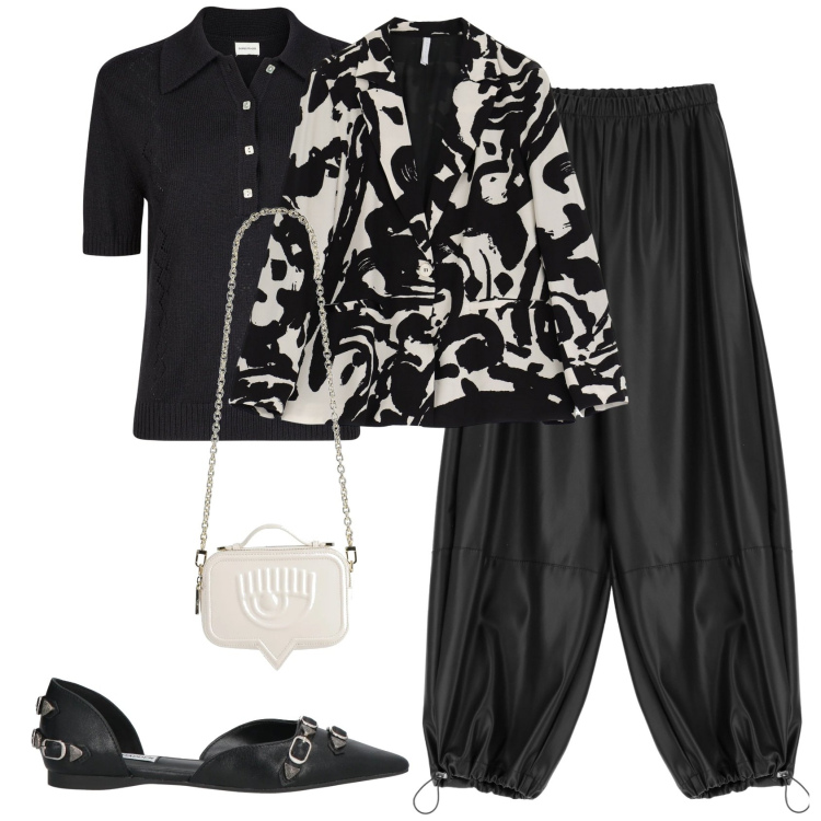 Outfit donna - Bianco e nero. Stile Casual chic per Tutti i giorni. Abbinamento con ballerine, borse a mano, pantaloni, blazer, polo.