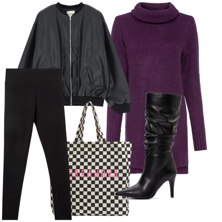 Outfit donna - I leggins. Stile Casual per Tutti i giorni. Abbinamento con maglieria, stivali, leggings, shopping bag, bomber.