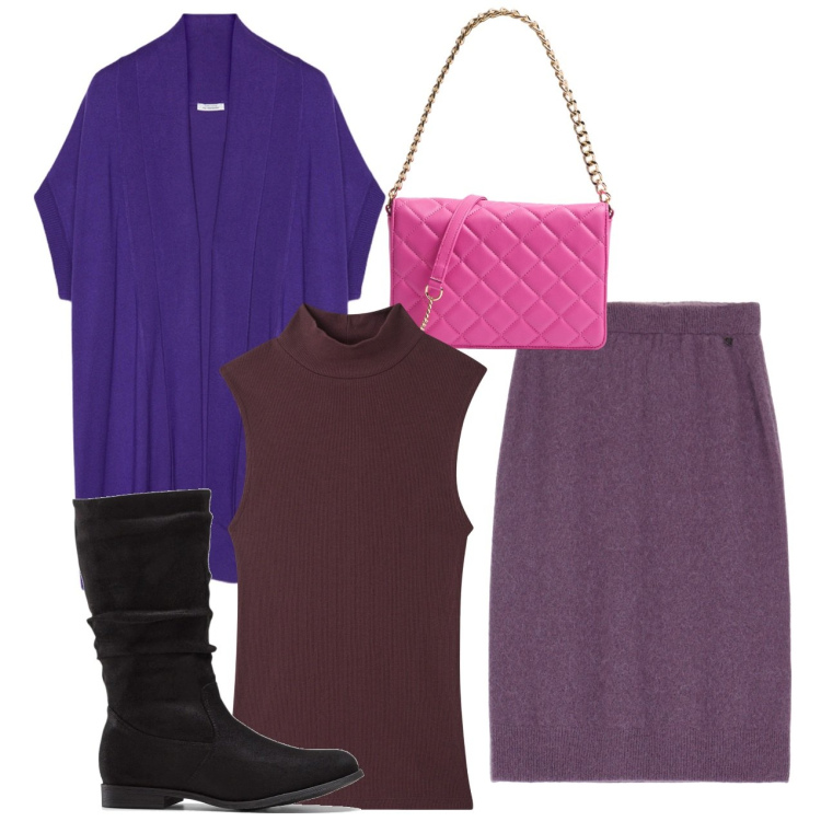 Outfit donna - I viola. Stile Bon Ton per Tutti i giorni. Abbinamento con stivali, top, borse a tracolla, gonne longuette, cardigans.