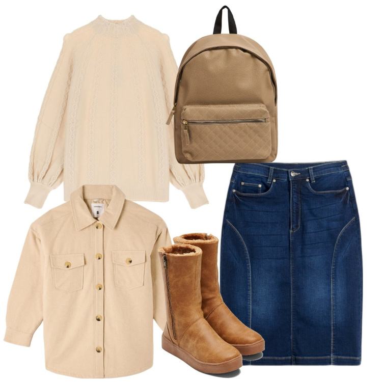 Outfit donna - La gonna in denim. Stile Bon Ton per Scuola/Università. Abbinamento con gonne, stivali, cappotti, zaini, maglieria.