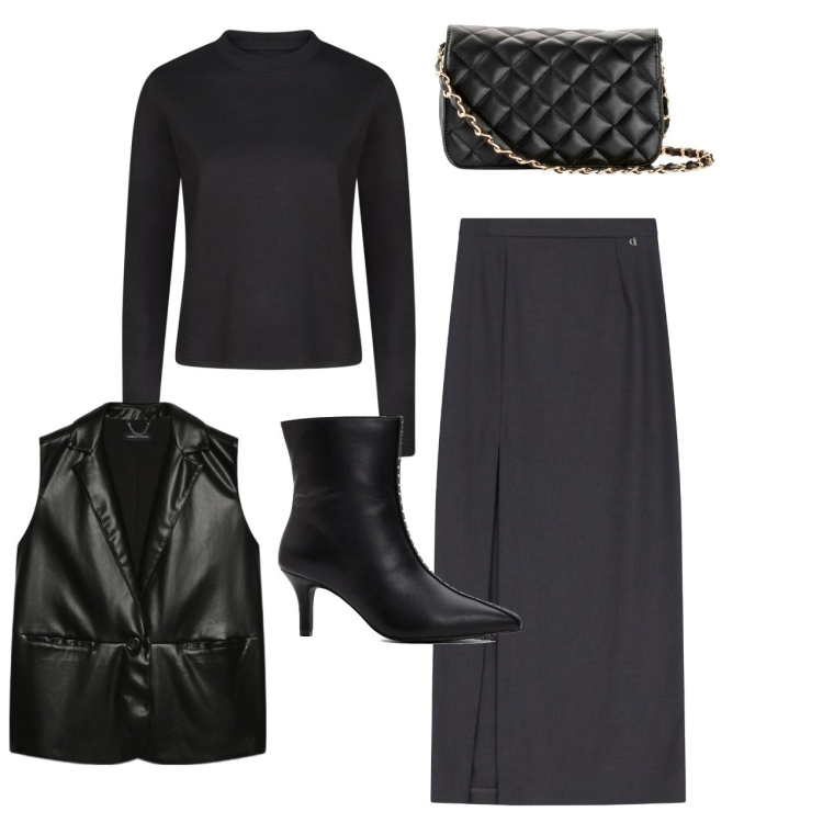 Outfit donna - Serata total black. Stile Chic per Serata fuori. Abbinamento con borse a tracolla, stivaletti, gonne lunghe, gilet, t-shirt.