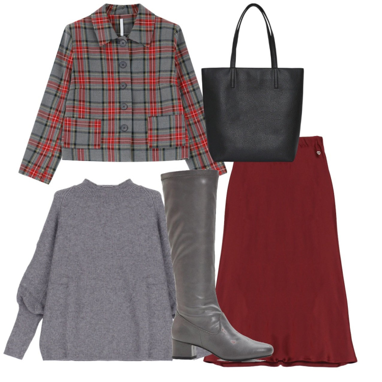 Outfit donna - Classico. Stile Bon Ton per Tutti i giorni. Abbinamento con stivali, borse tote, gonne, blazer, maglieria.