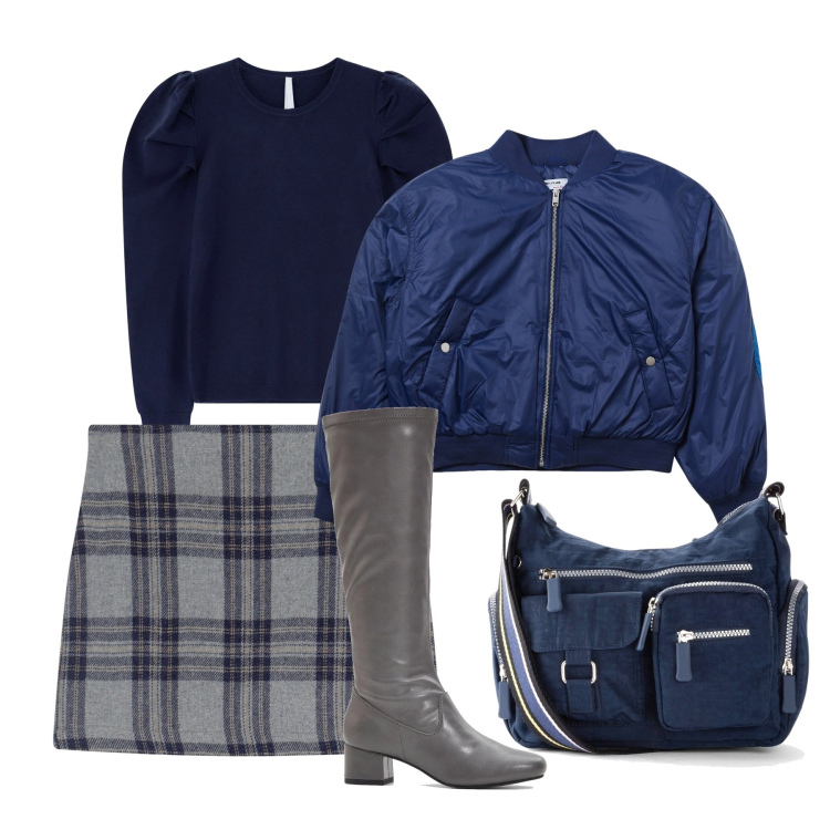 Outfit donna - Tonalità fredde. Stile Bon Ton per Tutti i giorni. Abbinamento con borse a tracolla, stivali, bomber, maglieria, minigonne.