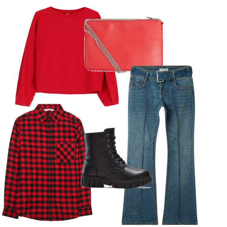 Outfit donna - In rosso. Stile Casual per Tutti i giorni. Abbinamento con stivaletti, borse a tracolla, jeans a zampa, camicie, felpe.