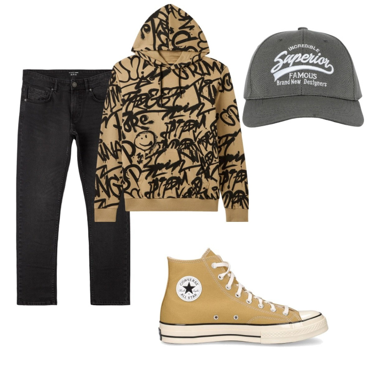 Outfit uomo - Total look #2047994. Stile Casual per Tutti i giorni. Abbinamento con cappelli con visiera, felpe con cappuccio, jeans dritti, sneakers.