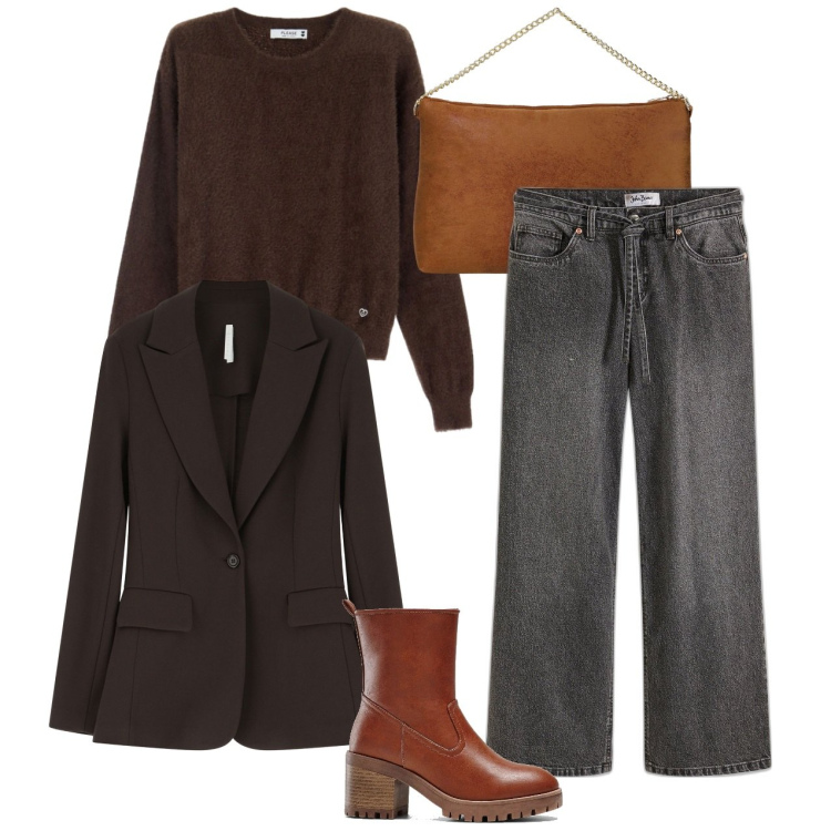 Outfit donna - Caffè. Stile Bon Ton per Tutti i giorni. Abbinamento con stivaletti, jeans, maglieria, blazer, pochette.