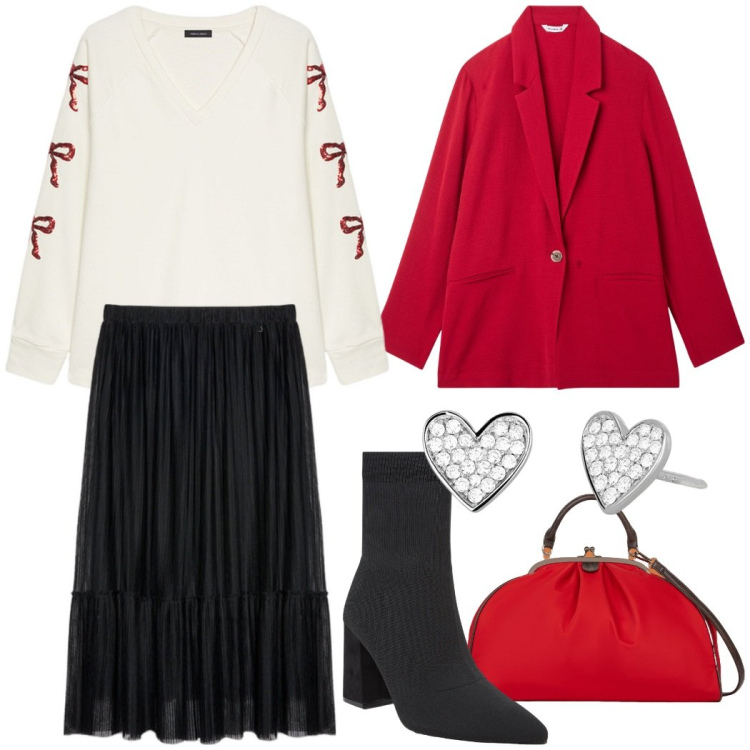 Outfit donna - Cena romantica. Stile Casual chic per Serata fuori. Abbinamento con blazer, stivaletti, orecchini, felpe, borse a spalla, gonne lunghe.