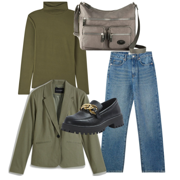 Outfit donna - Oliva. Stile Casual per Tutti i giorni. Abbinamento con blazer, borse a tracolla, jeans dritti, maglieria, mocassini.