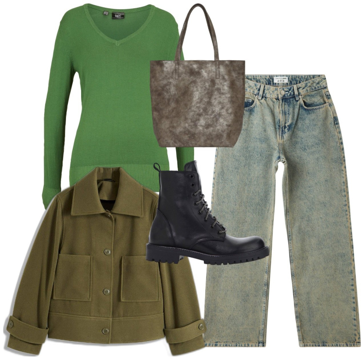 Outfit donna - Muschio. Stile Casual per Tutti i giorni. Abbinamento con maglieria, blazer, shopping bag, jeans, stivaletti.