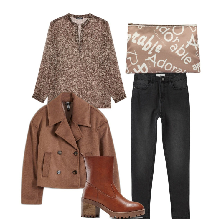 Outfit donna - Marrone. Stile Casual per Tutti i giorni. Abbinamento con stivaletti, caban, jeans skinny, bluse, pochette.