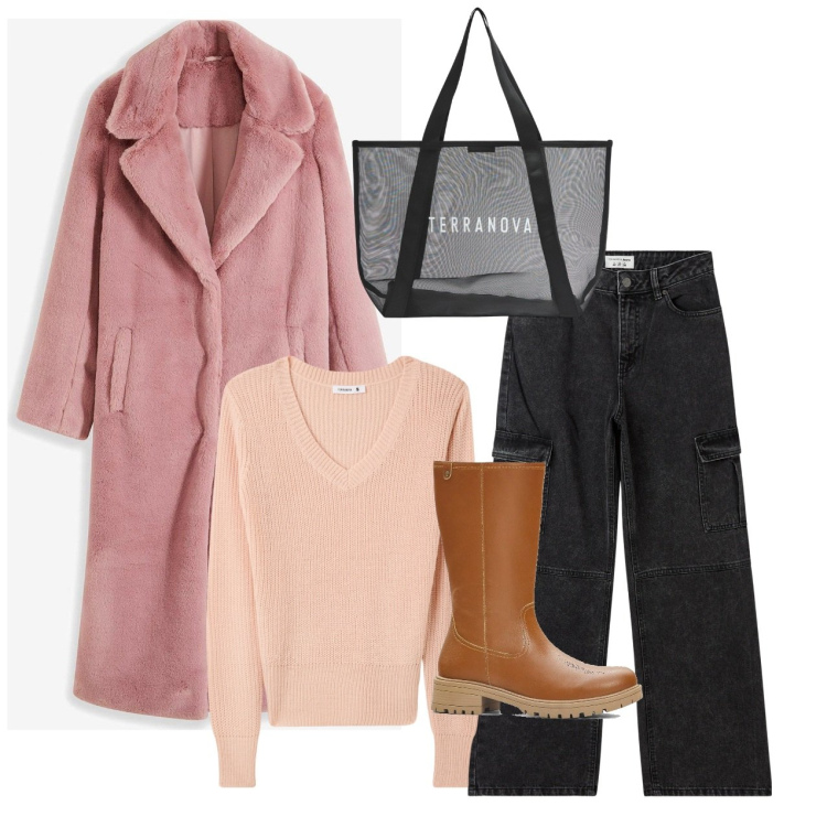 Outfit donna - Rosa. Stile Casual per Tutti i giorni. Abbinamento con stivali, ecopellicce, jeans dritti, shopping bag, maglieria.