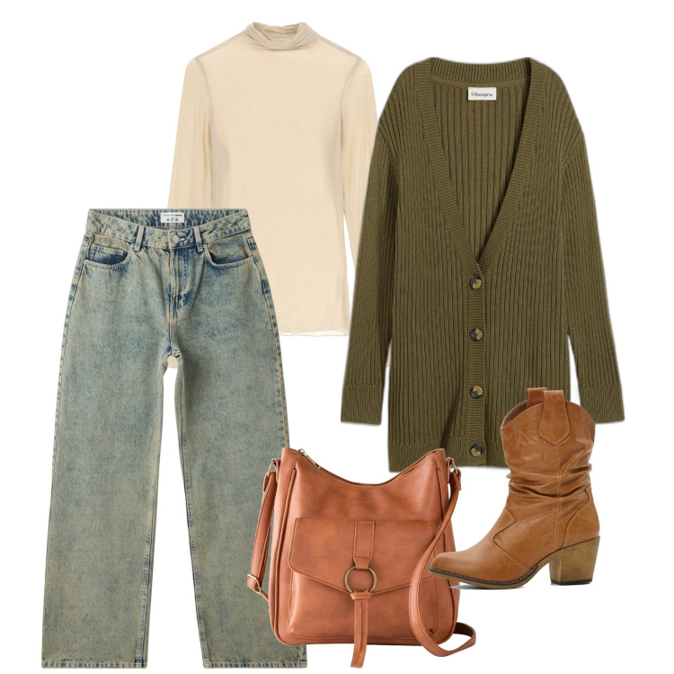 Outfit donna - Green label. Stile Casual per Tutti i giorni. Abbinamento con stivaletti texani, borse a tracolla, cardigans, jeans, maglieria.