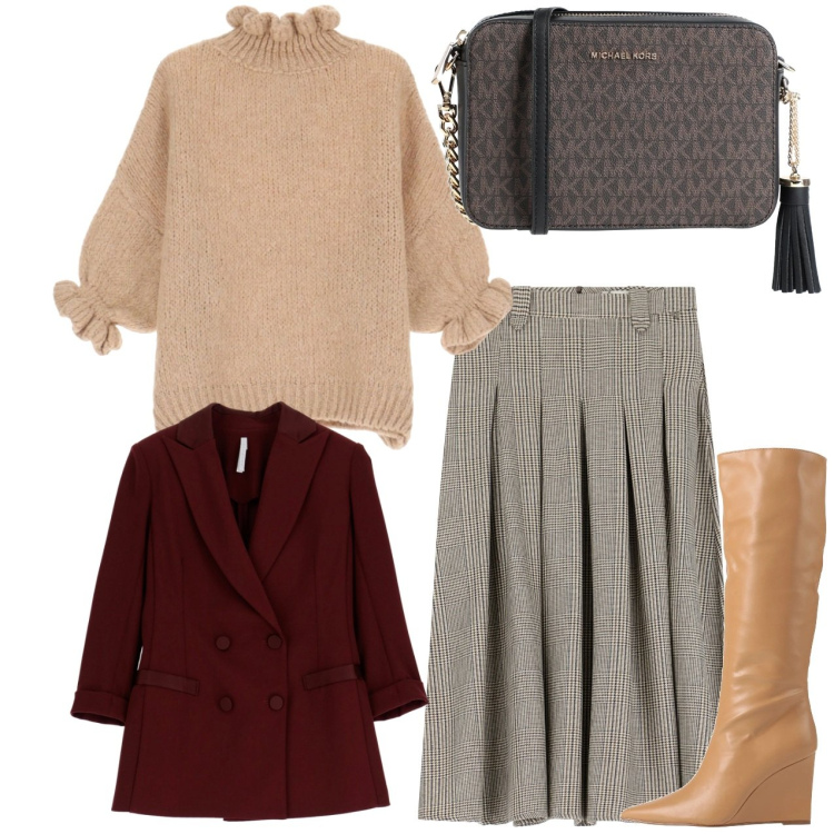 Outfit donna - Preppy. Stile Bon Ton per Tutti i giorni. Abbinamento con stivali, borse a tracolla, blazer, gonne lunghe, maglieria.