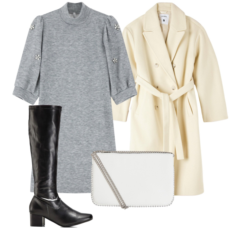 Outfit donna - Perfetti neutri. Stile Bon Ton per Tutti i giorni. Abbinamento con stivali, cappotti, borse a tracolla, vestiti corti.
