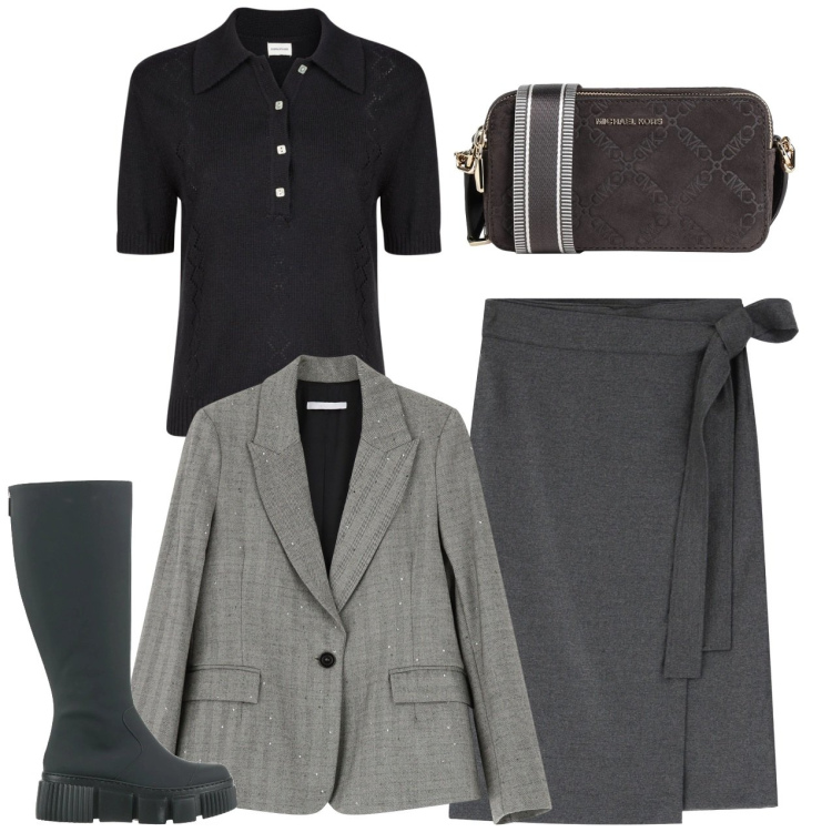 Outfit donna - In città. Stile Bon Ton per Tutti i giorni. Abbinamento con borse a tracolla, stivali, blazer, gonne longuette, polo.