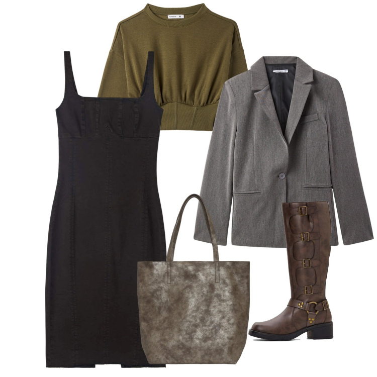 Outfit donna - L\'abito con la felpa. Stile Urban per Tutti i giorni. Abbinamento con stivali, blazer, vestiti lunghi, felpe, borse tote.