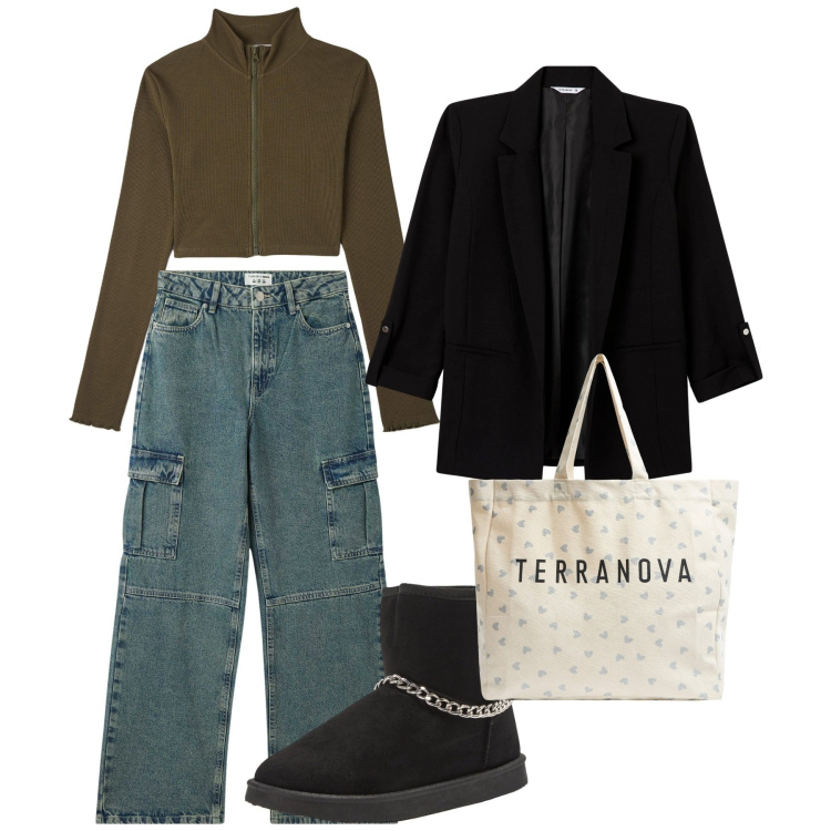 Outfit donna - Casual city. Stile Casual per Tutti i giorni. Abbinamento con jeans, blazer, stivaletti, t-shirt, shopping bag.