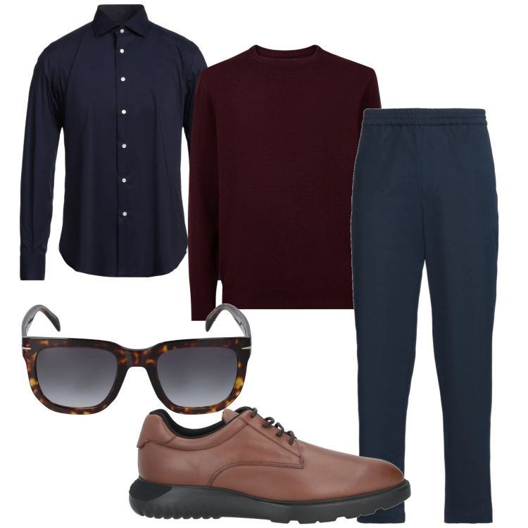 Outfit uomo - Toni blu. Stile Business/Elegante per Ufficio. Abbinamento con sneakers, camicie, pantaloni, maglieria, occhiali da sole.