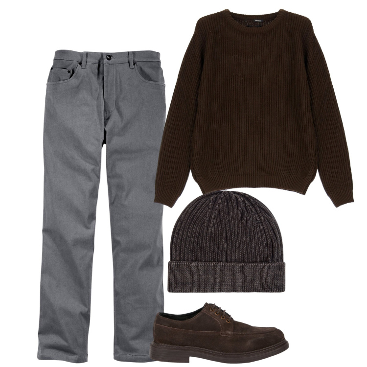 Outfit uomo - Total look. Stile Casual per Tutti i giorni. Abbinamento con pantaloni, berretti, maglieria, scarpe stringate.