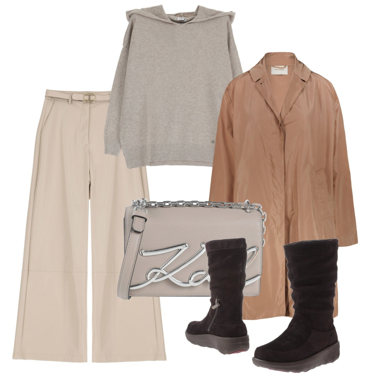 Outfit donna - City. Stile Bon Ton per Tutti i giorni. Abbinamento con stivaletti, borse a tracolla, pullovers, pantaloni, trench.
