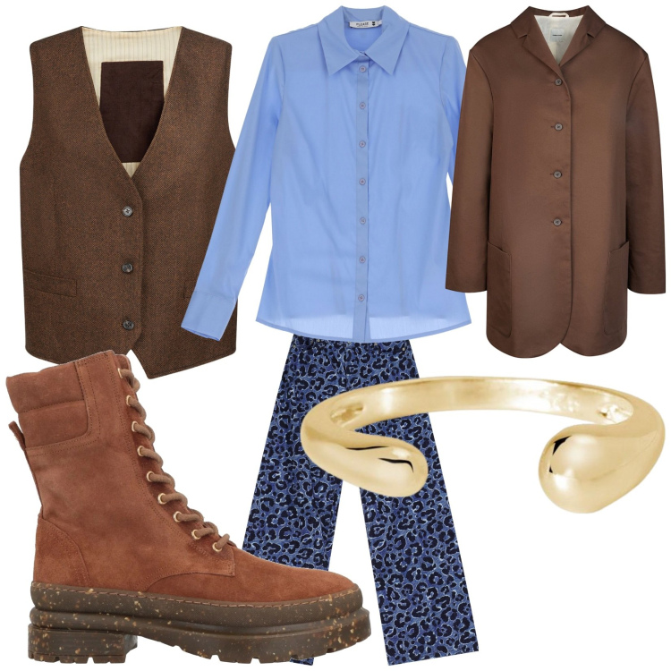 Outfit donna - Pantaloni palazzo particolar. Stile Casual chic per Ufficio. Abbinamento con anfibi, anelli, camicie, jeans, trench, gilet.