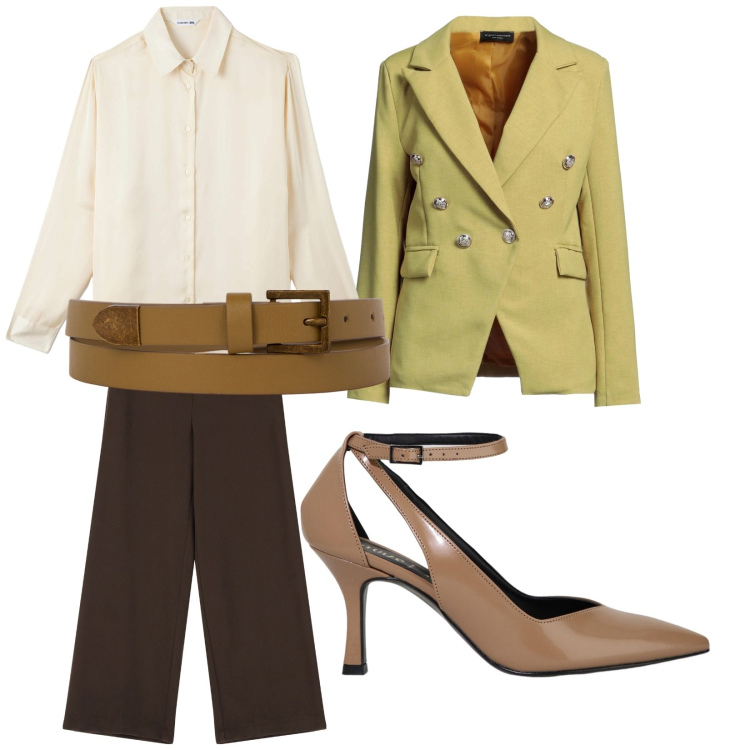 Outfit donna - In ufficio con tono e colore. Stile Chic per Ufficio. Abbinamento con blazer, camicie, décolleté, pantaloni a palazzo, cinture.