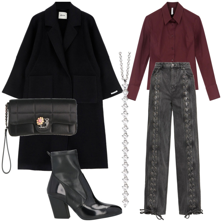 Outfit donna - Total look #2048102. Stile Glamour per Serata fuori. Abbinamento con stivaletti, borse a mano, ciondoli, body, cappotti, pantaloni.