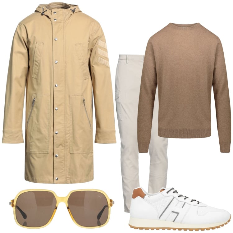Outfit uomo - Total look #2048109. Stile Trendy per Tutti i giorni. Abbinamento con sneakers, pantaloni cargo, trench, occhiali da sole, maglieria.