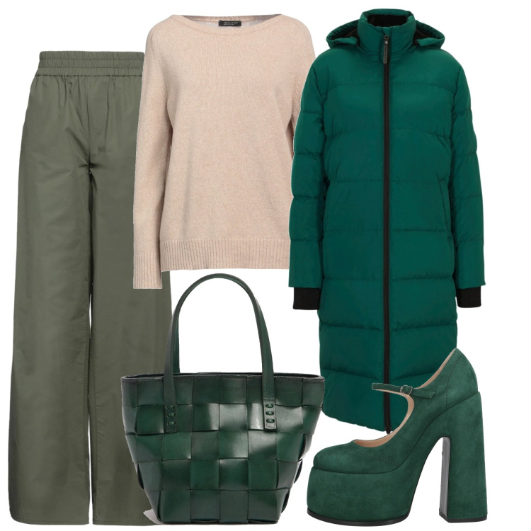 Outfit donna - Green. Stile Bon Ton per Tutti i giorni. Abbinamento con piumini, décolleté, pantaloni, pullovers, borse a mano.