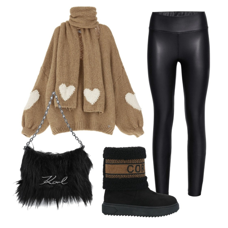 Outfit donna - City. Stile Casual per Tutti i giorni. Abbinamento con leggings, borse a mano, stivaletti, maglieria.