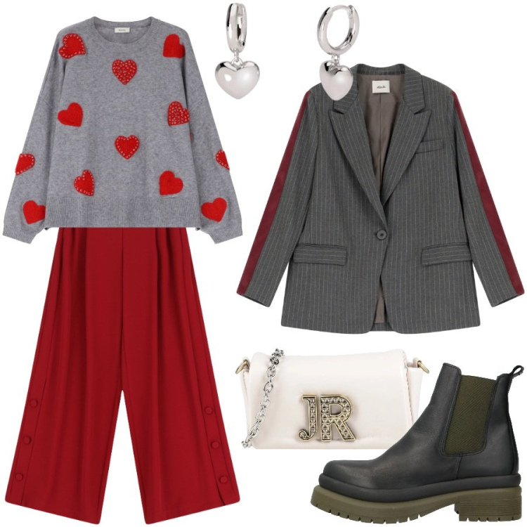 Outfit donna - Regina di cuori. Stile Urban per Serata fuori. Abbinamento con stivaletti, borse a tracolla, orecchini, pantaloni, blazer, maglieria.