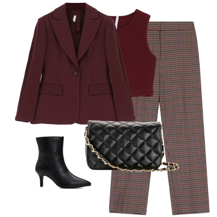 Outfit donna - City. Stile Trendy per Tutti i giorni. Abbinamento con borse a tracolla, stivaletti, pantaloni, canottiere, blazer.