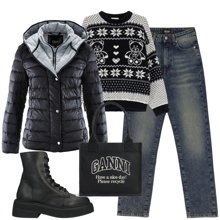 Outfit donna - In montagna. Stile Casual per Tutti i giorni. Abbinamento con piumini, stivaletti, jeans, maglieria, shopping bag.