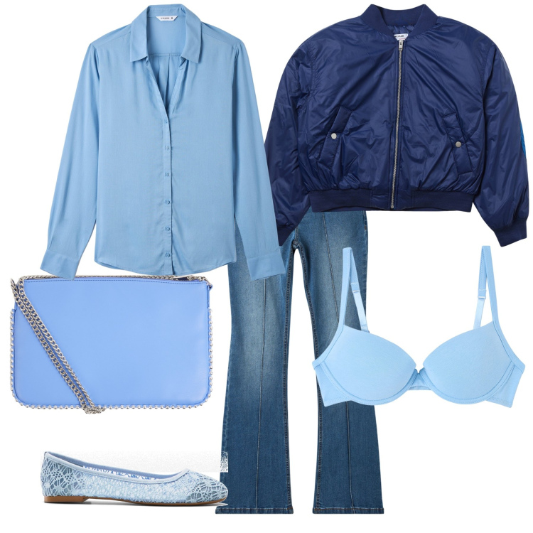 Outfit donna - Ufficio sporty chic. Stile Sporty chic per Ufficio. Abbinamento con ballerine, borse a tracolla, camicie, reggiseni push-up, jeans a zampa, bomber.