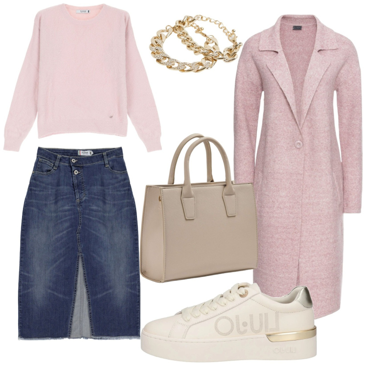 Outfit donna - Total look #2048193. Stile Casual per Tutti i giorni. Abbinamento con cappotti, sneakers, shopping bag, braccialetti, maglieria, gonne.