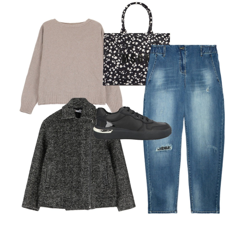 Outfit donna - In città. Stile Bon Ton per Tutti i giorni. Abbinamento con sneakers, giacche, maglieria, jeans dritti, shopping bag.