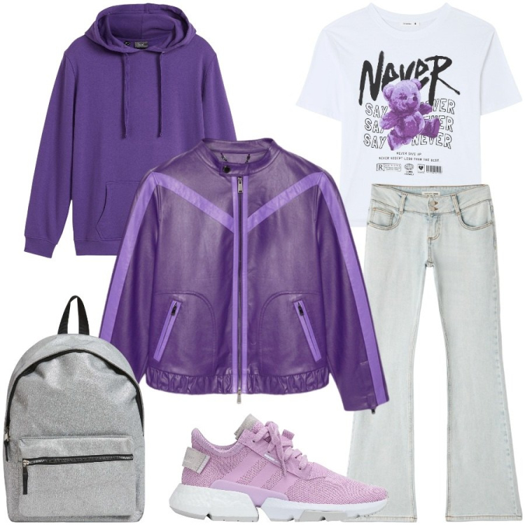 Outfit donna - Lezione in viola. Stile Casual chic per Scuola/Università. Abbinamento con felpe con cappuccio, sneakers, jeans a zampa, zaini, t-shirt, blazer.