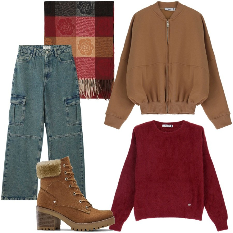 Outfit donna - Vita in campagna. Stile Casual per Tutti i giorni. Abbinamento con stivaletti, jeans, maglieria, felpe, foulard.
