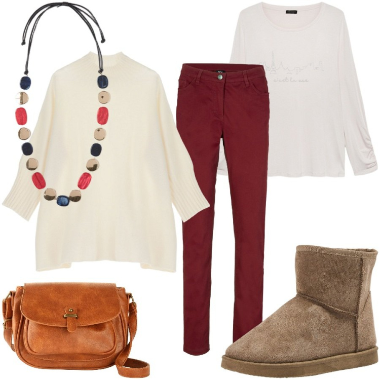 Outfit donna - Passeggiata tranquilla. Stile Casual chic per Tutti i giorni. Abbinamento con borse a tracolla, pantaloni, stivaletti, cappe, t-shirt, collane.