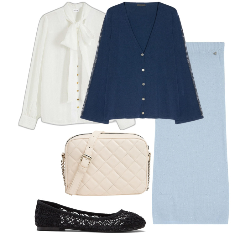 Outfit donna - La gonna azzurra. Stile Romantica per Tutti i giorni. Abbinamento con ballerine, camicie, borse a tracolla, gonne lunghe, cardigans.