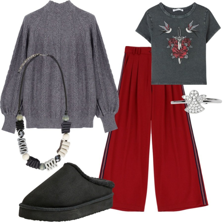Outfit donna - Look comodo. Stile Sporty chic per Tutti i giorni. Abbinamento con sabot, t-shirt, anelli, pantaloni, maglieria, collane.