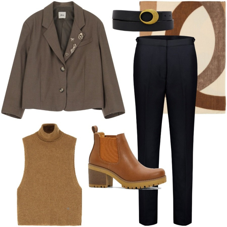 Outfit donna - In ufficio. Stile Etnico per Ufficio. Abbinamento con stivaletti chelsea, maglieria, foulard, blazer, pantaloni, cinture.