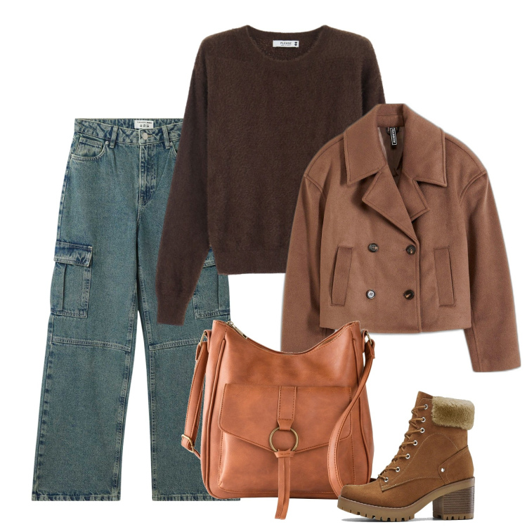 Outfit donna - Weekend in campagna. Stile Casual per Tutti i giorni. Abbinamento con stivaletti, borse a tracolla, caban, jeans, maglieria.